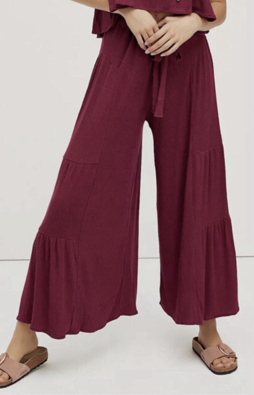 Free People Ribbed Knit Extra-Wide Leg Tiered Pants — M Plum Boho Fall Cozy